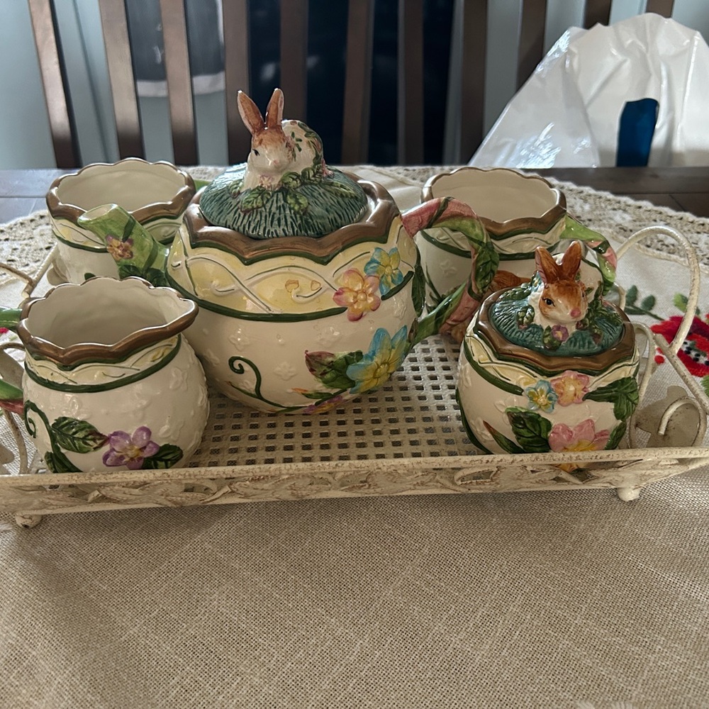 Floral Bunny Ceramic Tea Set - Cream with Pastel Flowers Tray Not Included